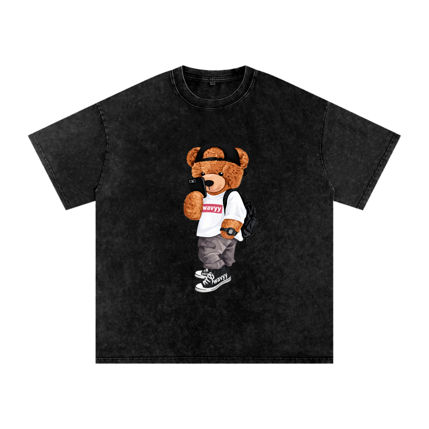 Wavyy Teddy Bear Snow Washed Oversized Cotton T-Shirt