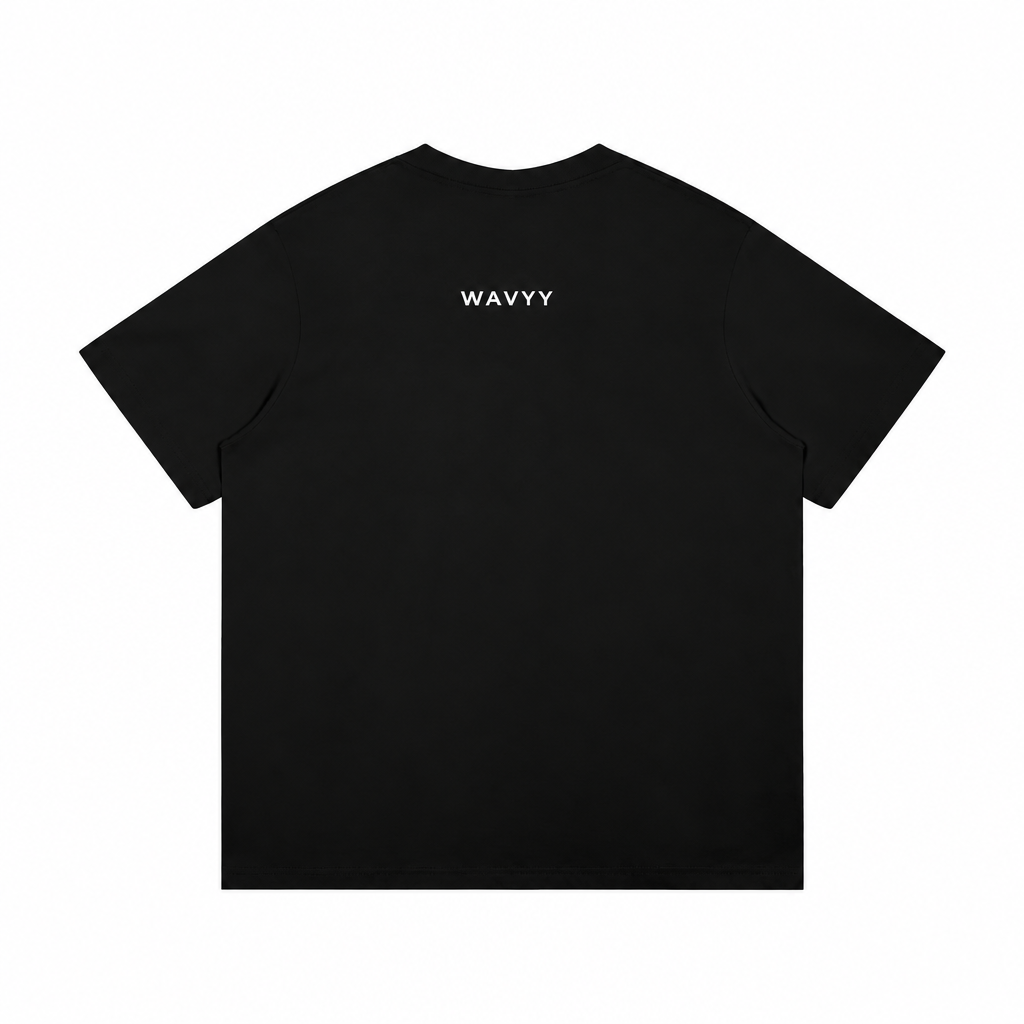 Black shirt back with white WAVYY lettering