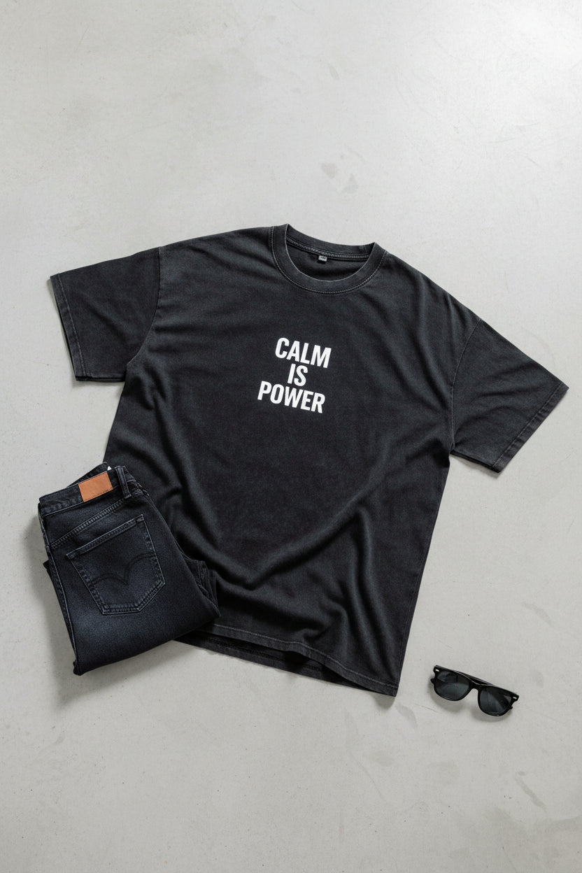 Calm Is Power – Snow-Washed Oversized Cotton Tee | Wavyy Tees