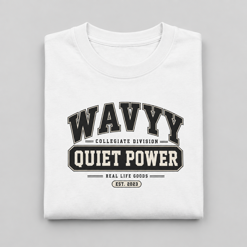 Folded white Quiet Power collegiate graphic cotton T-shirt