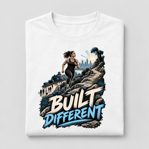 Folded white Built Different trail-running graphic cotton T-shirt on a light-grey background