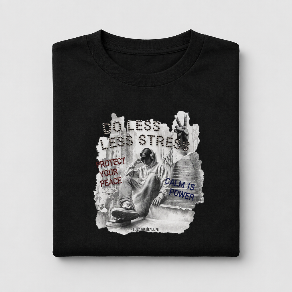 Folded black Do Less Less Stress city-collage cotton T-shirt on a light-grey background