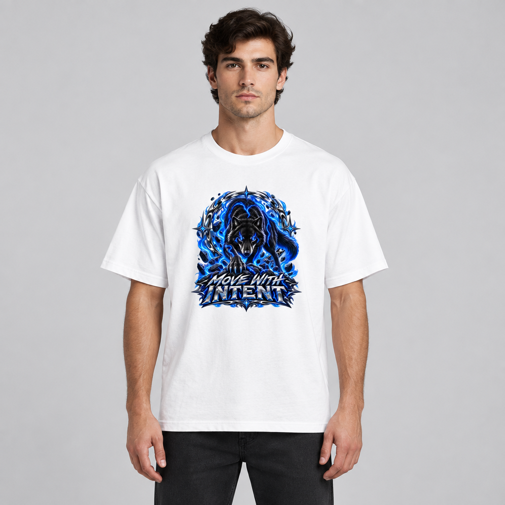 Model wearing the white Move With Intent electric-blue wolf graphic T-shirt
