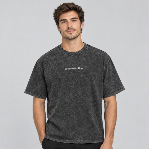 Model wearing Better With Time snow washed charcoal cotton tee