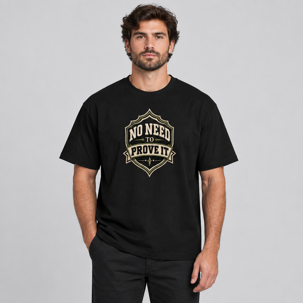 Model wearing the black No Need to Prove It shield graphic cotton T-shirt