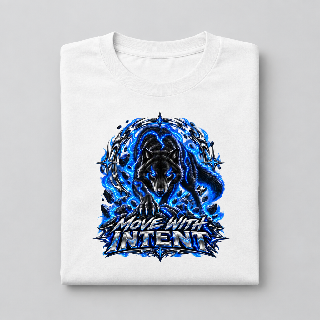 Folded white Move With Intent wolf graphic cotton T-shirt on a light-grey background