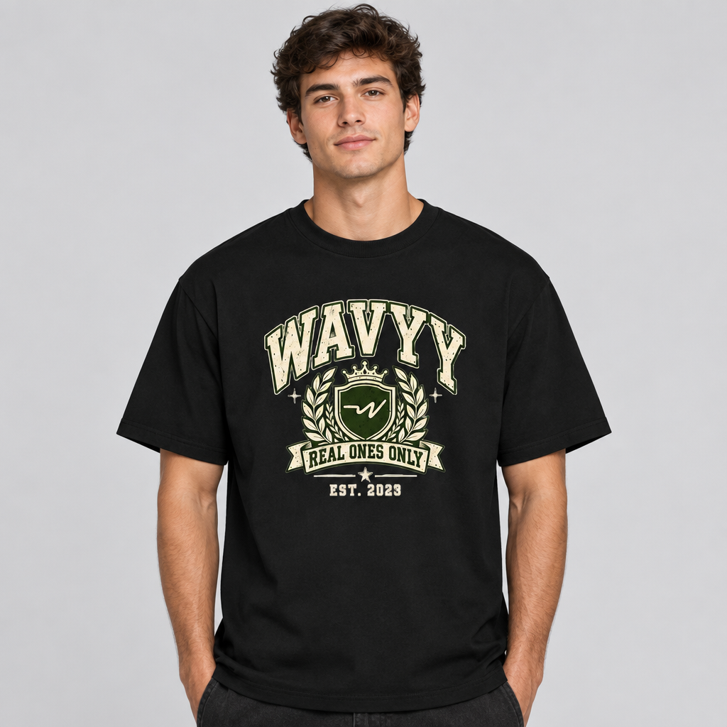 Model wearing black Wavyy Real Ones Only Crest cotton tee