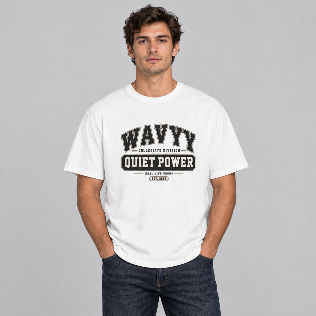 Model wearing the white Quiet Power collegiate graphic cotton T-shirt