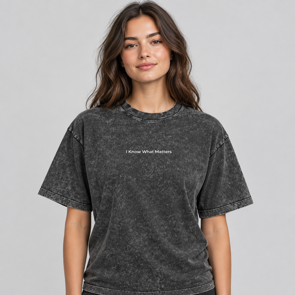 Model wearing I Know What Matters snow washed charcoal cotton tee