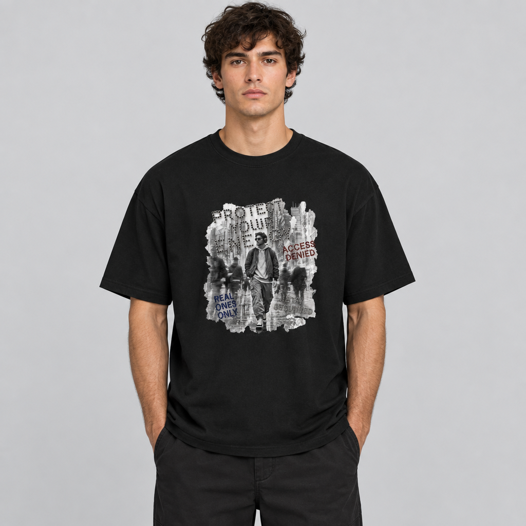 Model wearing the black Protect Your Energy city-collage cotton T-shirt