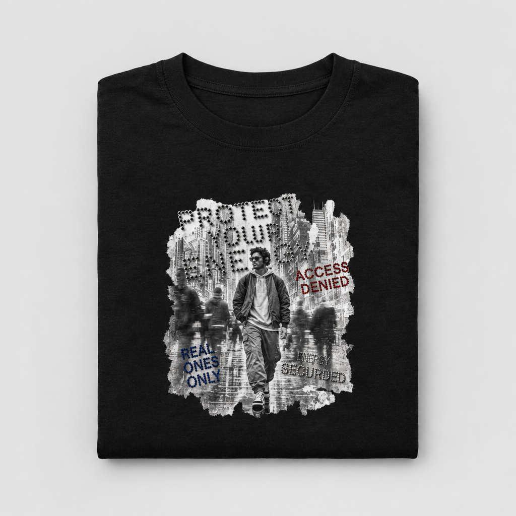 Folded black Protect Your Energy city-collage cotton T-shirt on a light-grey background