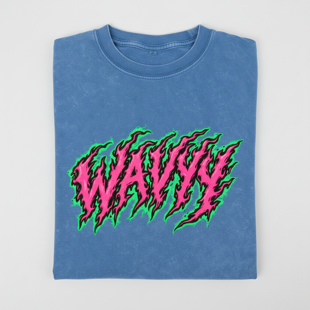 Wavyy Flame Snow Washed Oversized Cotton T-Shirt – folded flat lay on light grey background