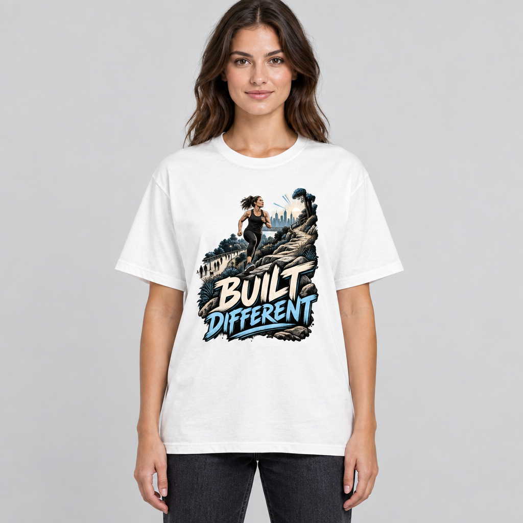Female model wearing the white Built Different trail-running graphic cotton T-shirt