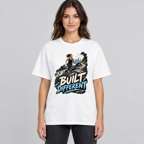 Female model wearing the white Built Different trail-running graphic cotton T-shirt