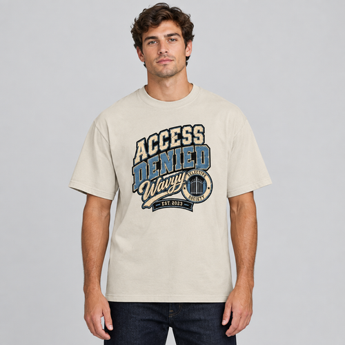 Model wearing the beige Access Denied varsity graphic cotton T-shirt