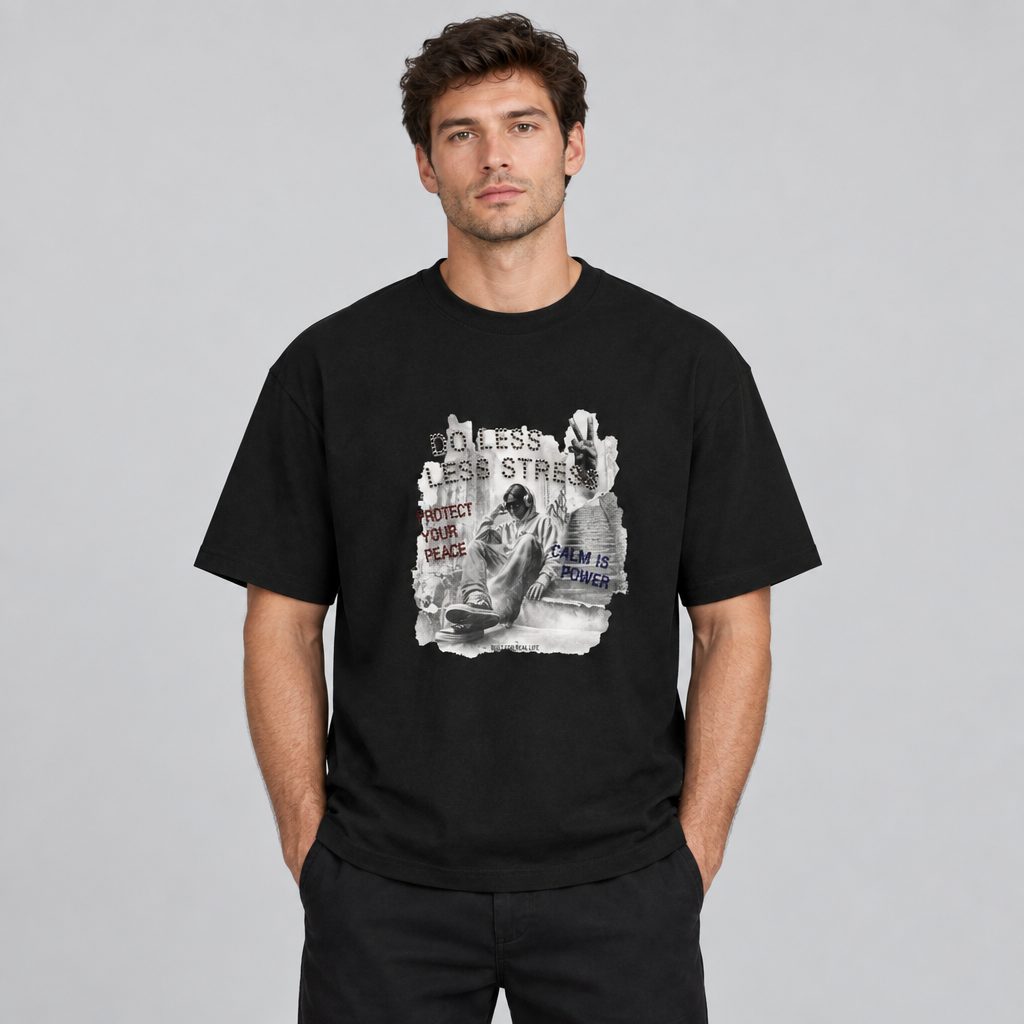 Model wearing the black Do Less Less Stress city-collage cotton T-shirt