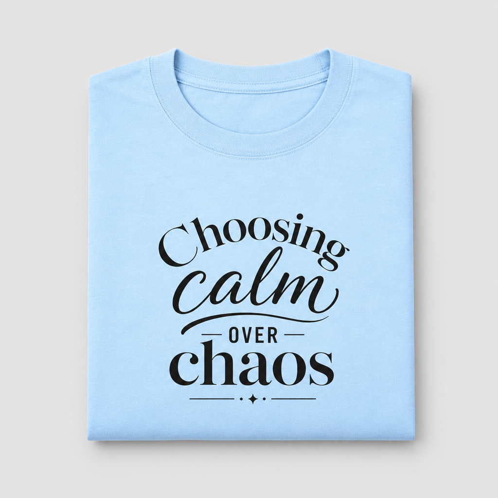 Folded sky blue Choosing Calm Over Chaos cotton T-shirt on a light-grey background