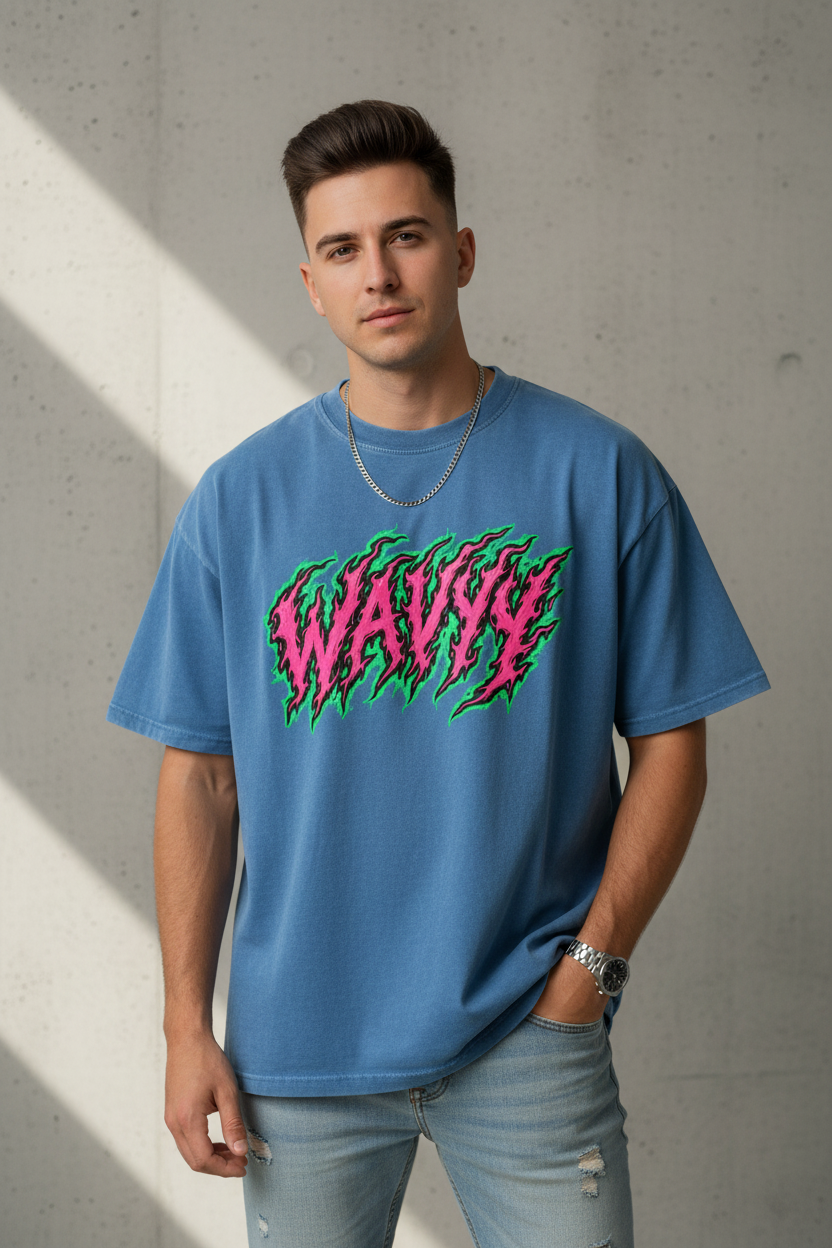 Model wearing Wavyy Flame Snow Washed Oversized Cotton T-Shirt