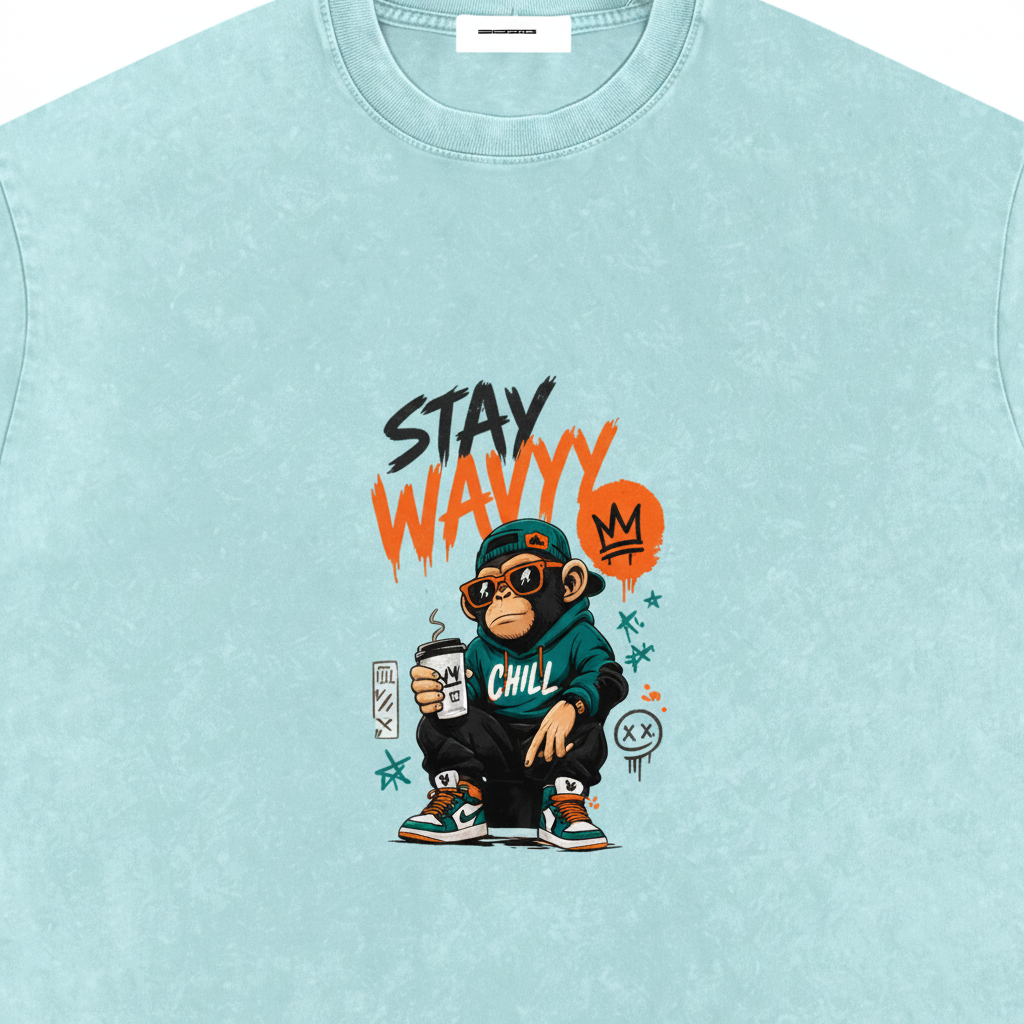 Stay Wavyy Snow Washed Oversized Cotton T-Shirt – folded flat lay on light grey background