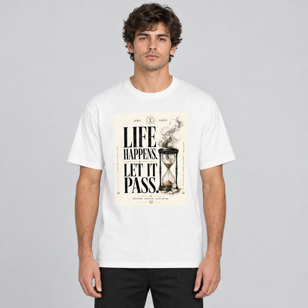 Life Happens white tee on a model