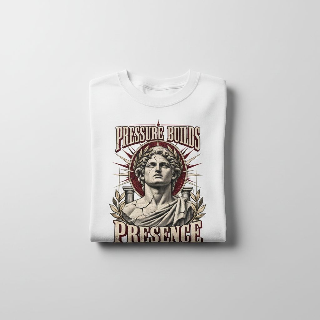 Pressure Builds Presence Tee – Folded Flat-Lay